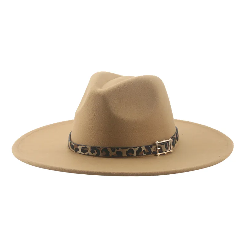 Fedora Şapka Kadınlar İçin Şapka Big Brim 9.5cm Lüks Katı Leopar Band Vintage Khaki Siyah Beyaz Panama Kova Kepçe Hat Chapeau Femme