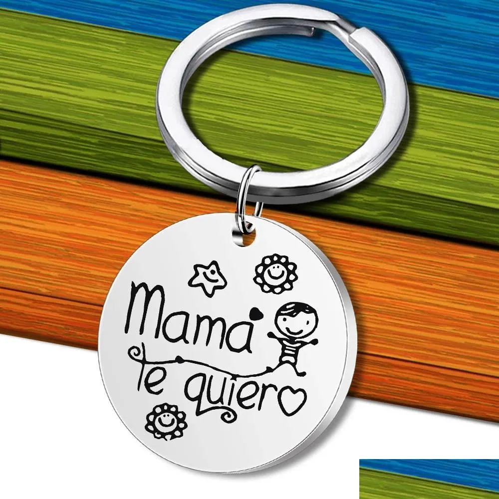 Keychains Fashionable Creative Stainless Steel Keychain Spanish Mama Te Quiero Necklace 2022 Cute Mothers Day Gift Diy Customi Sport1 Dhwba