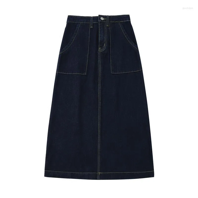 Jupes 2022 mode décontracté bleu Denim jupe printemps automne a-ligne longue Maxi pour les femmes taille haute jean