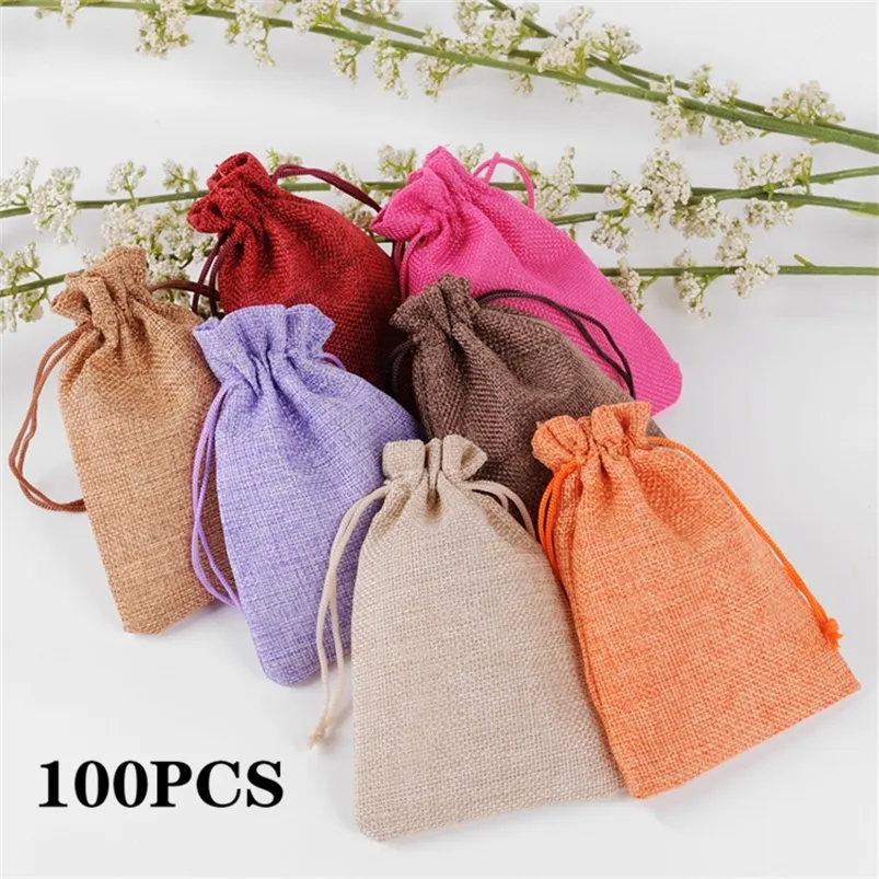 Gift Wrap Wholesale 100PCS/Drawstring linen bag jute wedding supplies birthday party candy gift packaging jewelry storage 220913