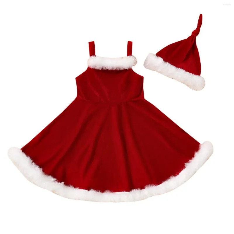 Meisjesjurken 2 stks Kids Kerstoutfit Fluffy Stitching Spaghetti Riem mouwloze slip jurk geknoopte hoed voor meisjes