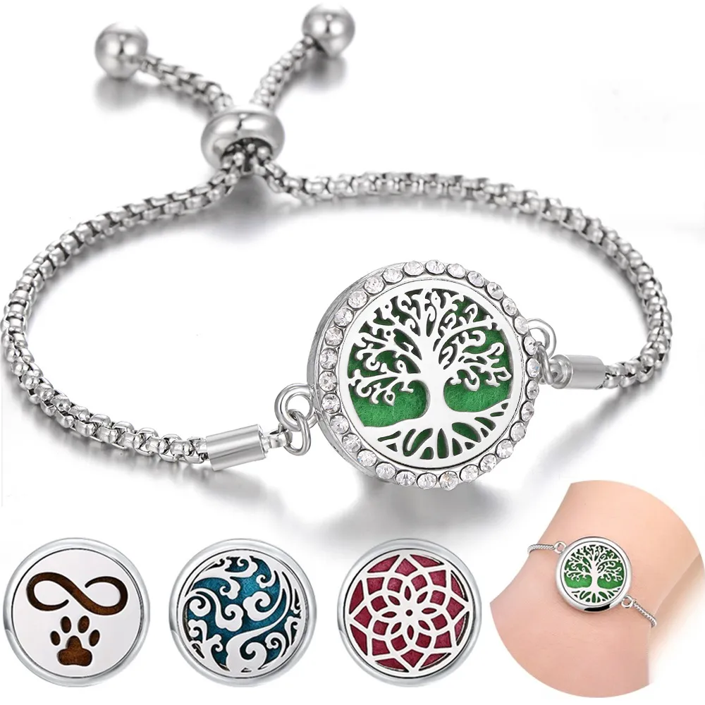 Aromaterapi armband diffusor locket träd av liv justerbar parfym eterisk olja diffusor armband kristall magnet för kvinnor