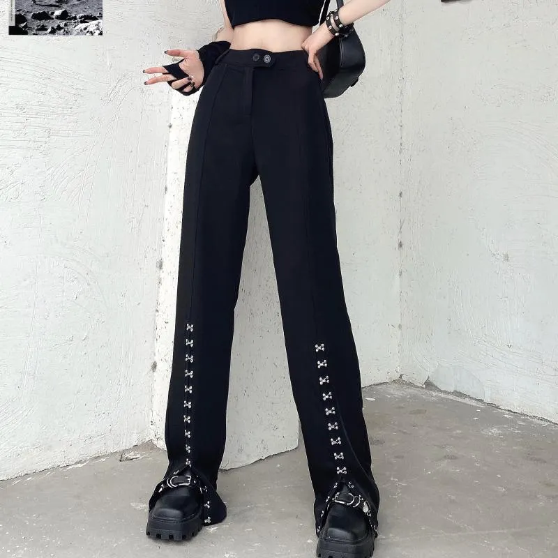 Kobiety Pants Women's Capris JMPRS High Street Women Black Fashion Gothic Summer Talle Split Fork luźne proste pełne y2k kobieta