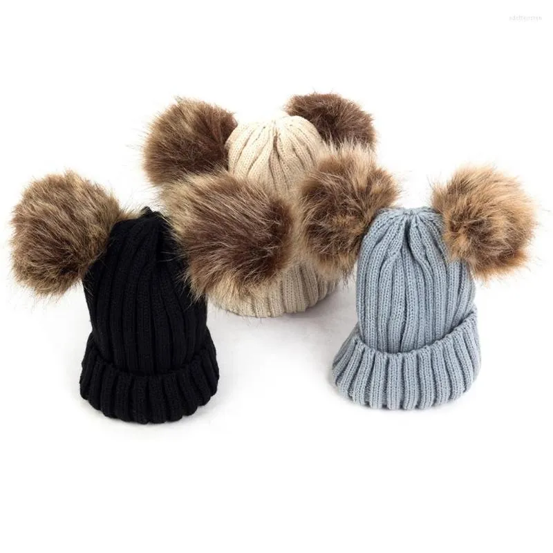 Baskar barn unisex s￶t varm dubbel p￤ls pom hatt sp￤dbarn fast f￤rg m￶ssa vinter virkning stickad bobble beanie