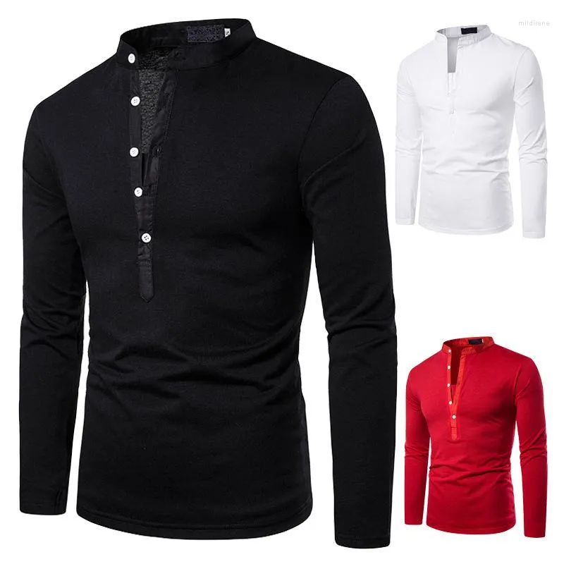 Polos pour hommes Chemise de couleur unie à col en V classique pour hommes Col montant de haute qualité à manches longues Camiseta Masculina