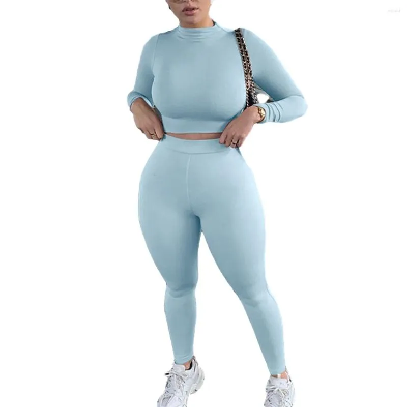 Women's Two Piece Pants Women Long Sleeve Sportswear Solid Color Elastic Crop Top Tight-fitting Pant Outfit Set Female Skinny Plus Size