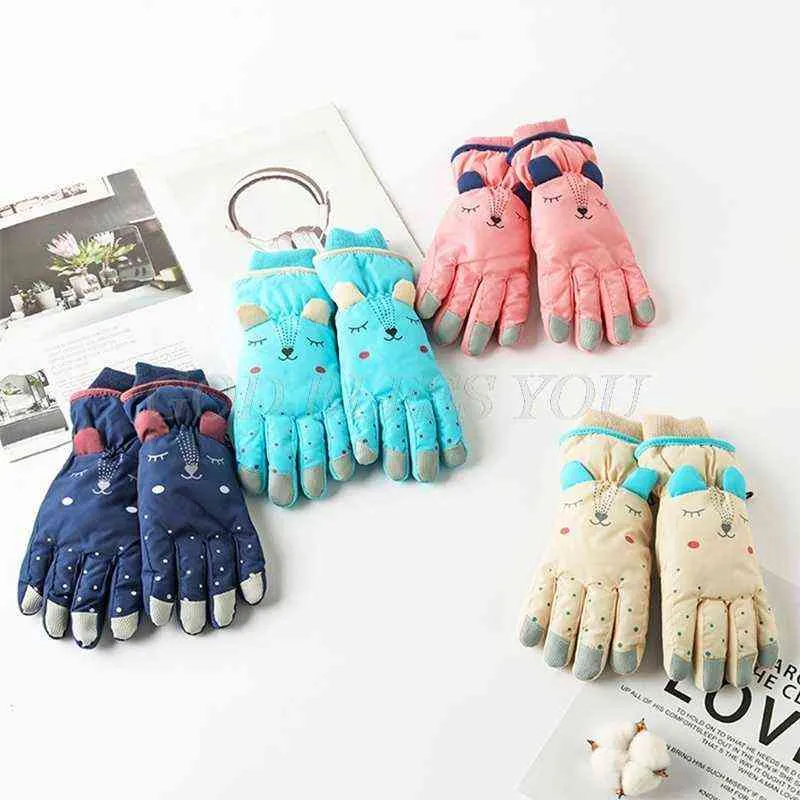 Enfants hiver imperméable gants de neige couleur unie dessin animé oreilles thermique isolé coupe-vent Sport Snowboard Ski mitaines chaudes 0909