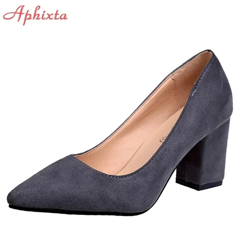 Chaussures habillées Aphixta Chaussures carrées Talon Femmes pointues Pompes à orteil Fashion Gris High Talons Flock Cuir Black Party Chaussures plus grande taille 47 48 50 220913