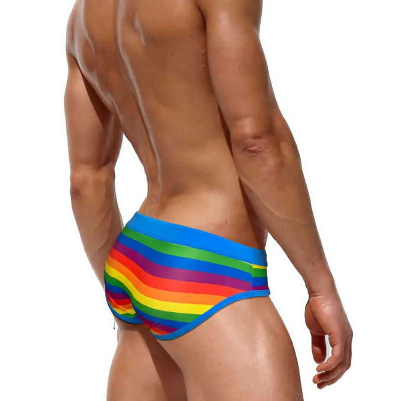 Mens Swimwear Fashion Rainbow Stripes Swimwear Man Swimming Short
