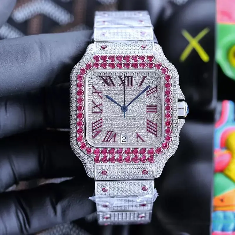 풀 컬러 다이아몬드 남성 시계 자동 기계식 시계 40mm 다이아몬드 스터드 스틸 팔찌 손목 시계 사업 Montre de Luxe