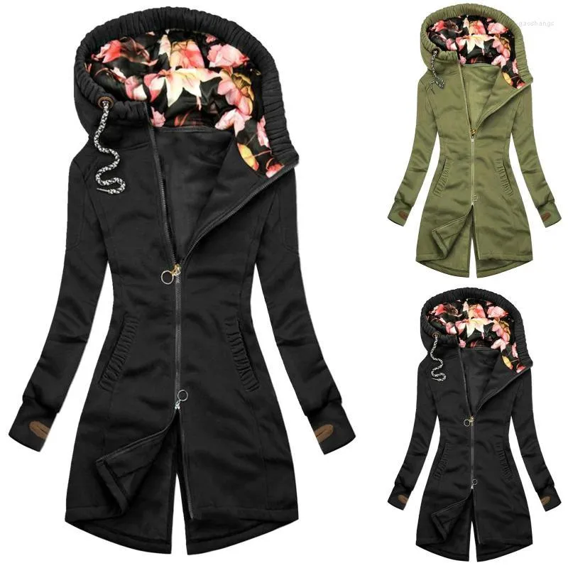 Damesgeuljassen vrouwen dikke jas sweatshirt herfst winter lange mouw zip onregelmatige bloemen print zak warm zacht vol