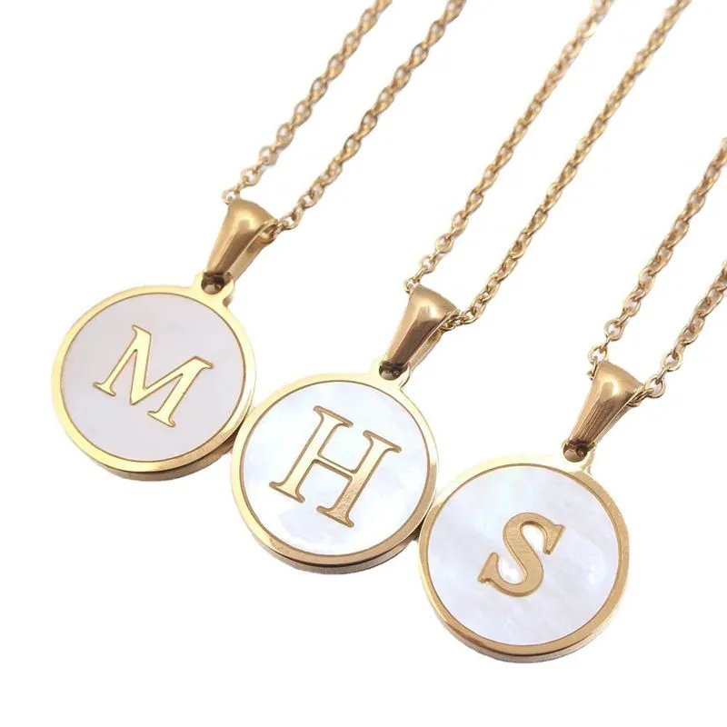 Lettre initiale collier A-Z coquille blanche ronde Alphabet pendentifs lettres en acier inoxydable hommes femmes pendentif breloque bijoux cadeau