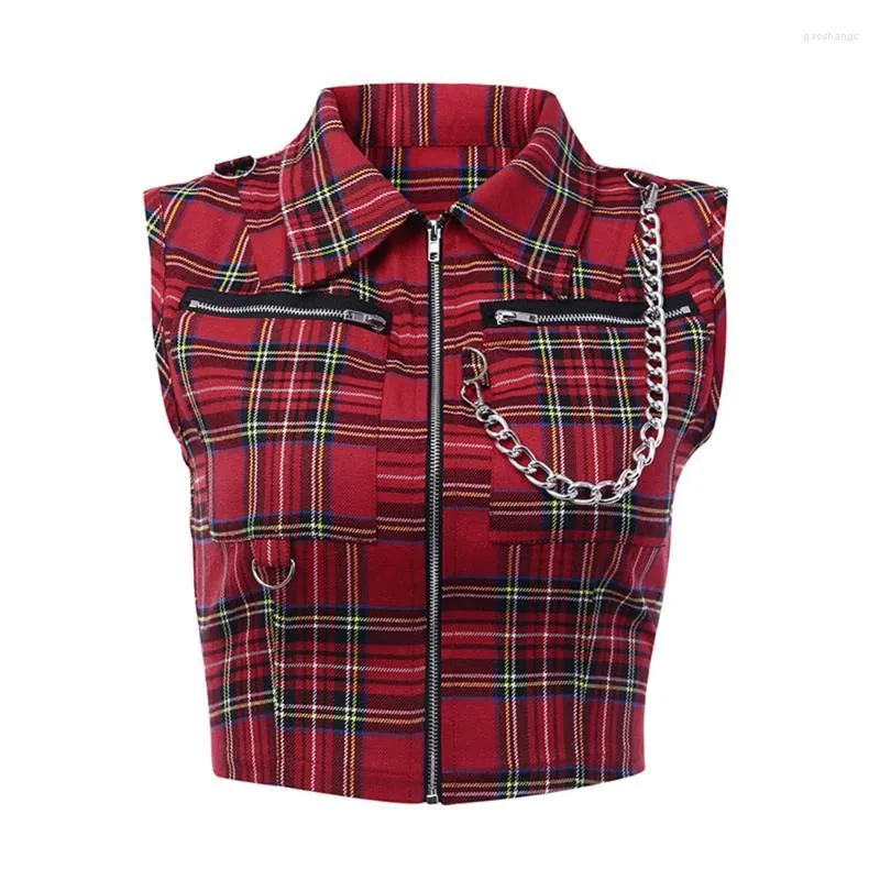 Gilets pour femmes Gothique Sexy Club Tops Punk OL Dames Rouge Femmes Gilet Slim Revers Zipper Chaîne Plaid Femme Goth Rétro Hip Hop Chemise Jeune Tee