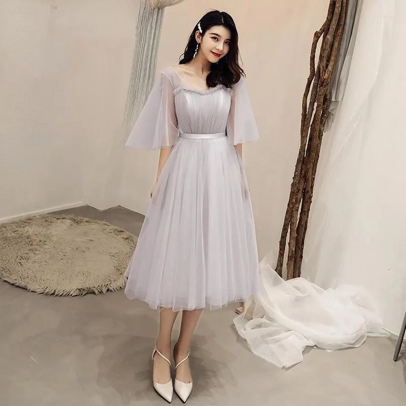 Party Dresses A470 Spring Summer Autumn Lace Up Tulle Gray Short Prom Dress Pink Gowns Woman Wedding Bridesmaid Cocktail