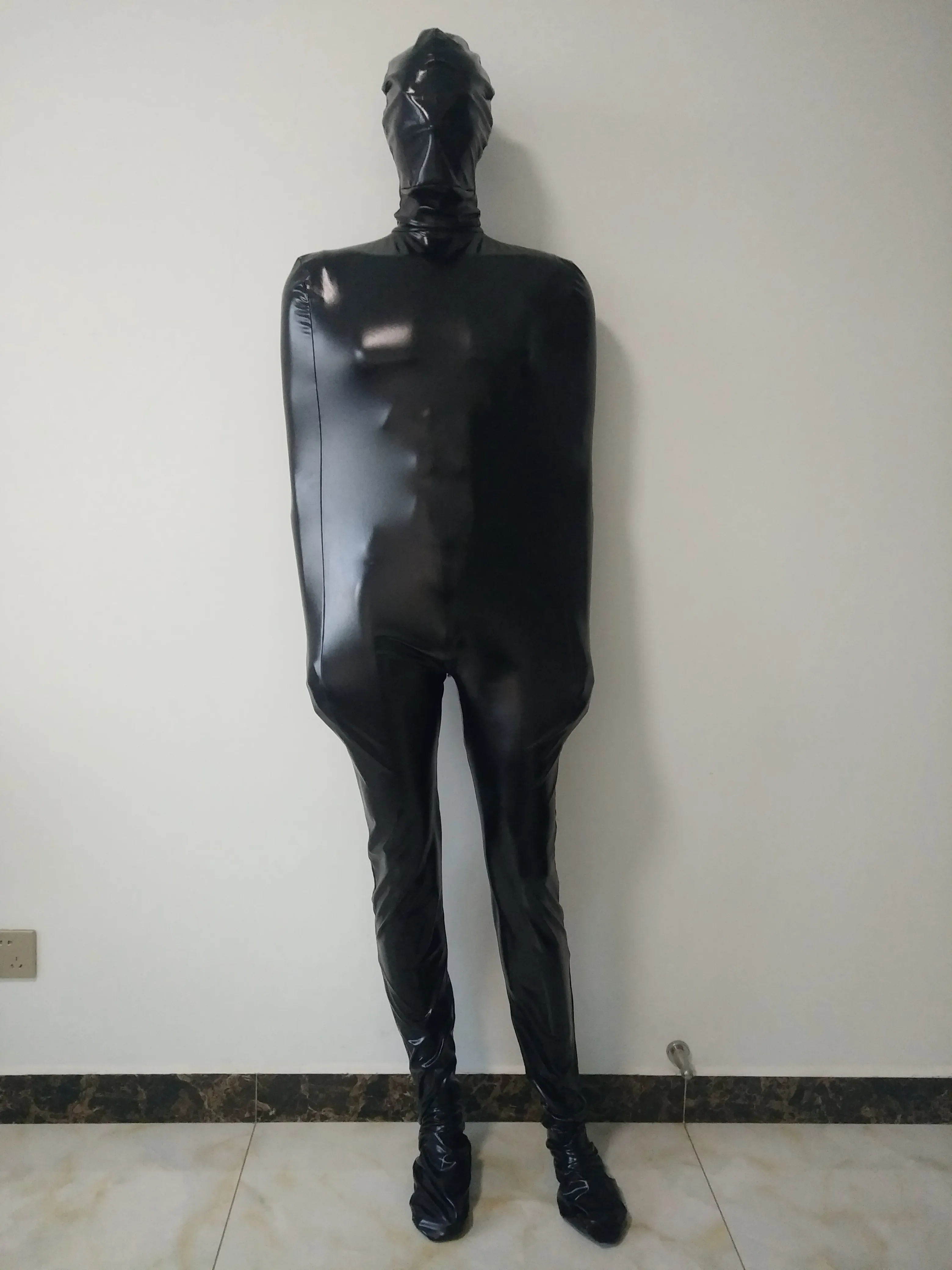 Mens Catsuit Costumes Sexig svart glänsande metallisk spandenx zentai kostym vuxen cosplay delad ben mummy fancy klänning med inner arm ärm kan ta bort mask