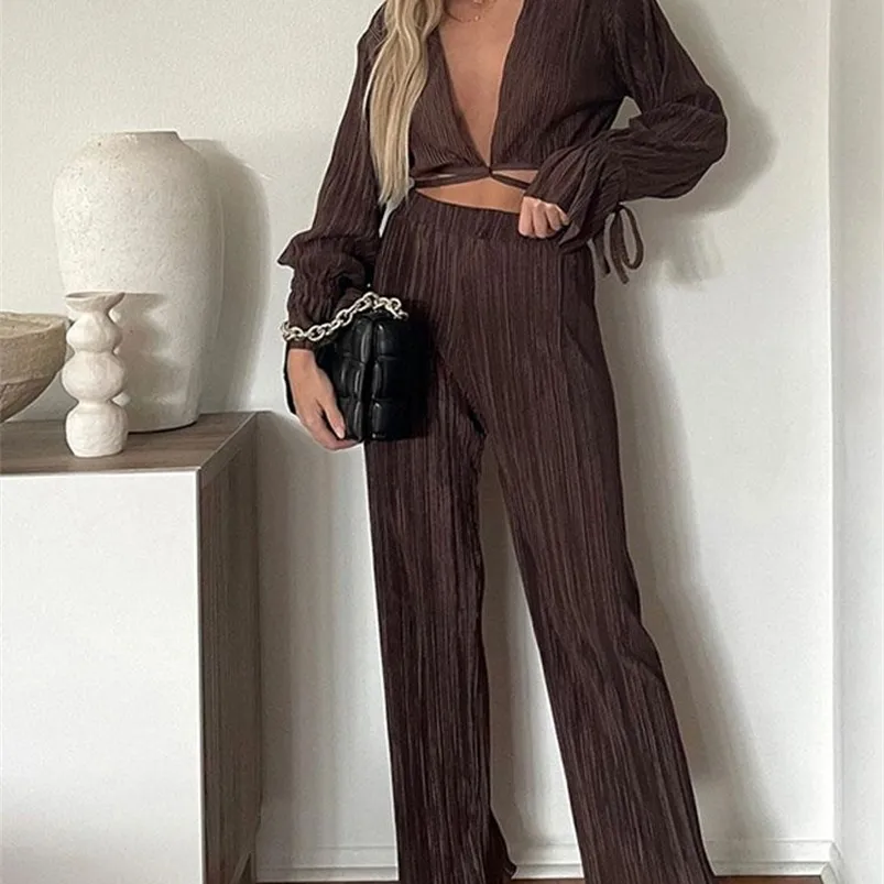 Women's Two Piece Pants Summer Sexy Pleated Deep V-neck Women Set Vintage Cropped Lace Up Top High Waist Pants Suit Female Lady Casual Outfits 220913