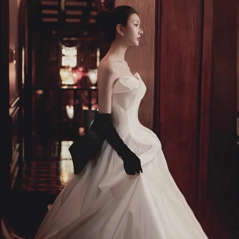 Vintage Black and White Strapless jenny yoo wedding dresses with Big Bow Back, Court Train, and Velvet Gloves - Simple A-Line Satin Bridal Gown for Vintage Black and White Strapless jenny yoo wedding dresses with Big Bow Back, Court Train, and Velvet Gloves - Simple A-Line Satin Bridal Gown for