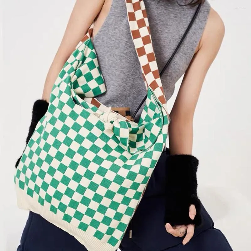 Evening Bags Designer Green Plaid Crochet Crossbody For Women 2022 Fashion Soft Knitting Women's Shoulder Bag Shopper Tote Hobo Handbags