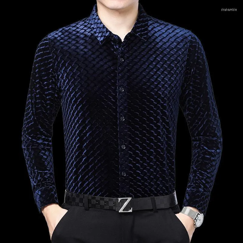 Men's Casual Shirts Men's Velvet Mens Silk Long Sleeve Winter Men Quality Flannel Formal Herren Hemden Slim Fit Business Office Dress