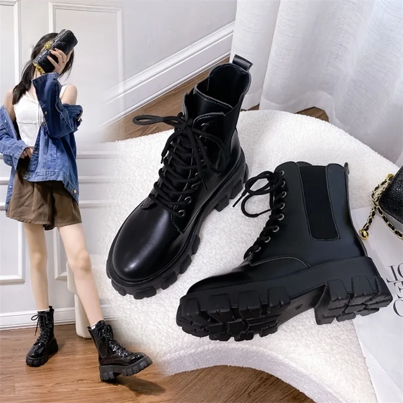 Boots chunky platform boots ankle boots women antumn laceup zippers boots motorcycle boots woman bottom bottrim