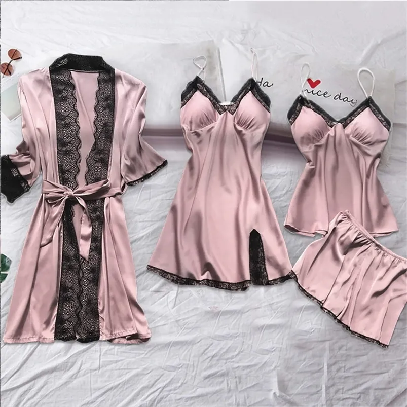 Vêtements de nuit pour femmes Sexy Full Slip Lace White Silk Pyjamas Set Femmes 4pcs Chemise Mariée Robe De Mariée Chemise De Nuit Vêtements De Nuit Kimono Peignoir Lingerie 220913