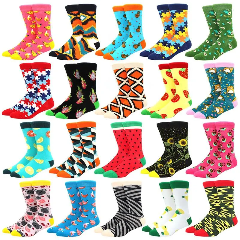 Men's Socks Men Cartoon Sock Anime Funny Happy Personality Fruit Rhombus Crew Men's Sox Hip Hop Street Fashion Skarpety Long