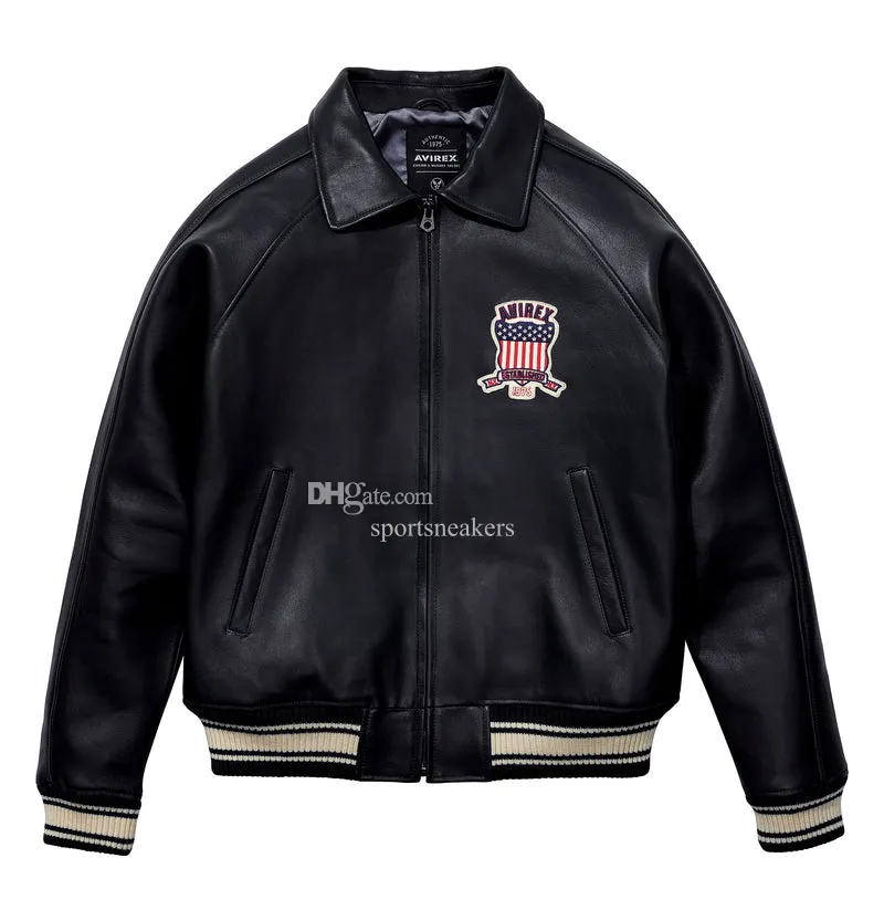 Blouson Bombardier Homme En Cuir Véritable – Avirex Style – Bleu Et Noir – Neuf
