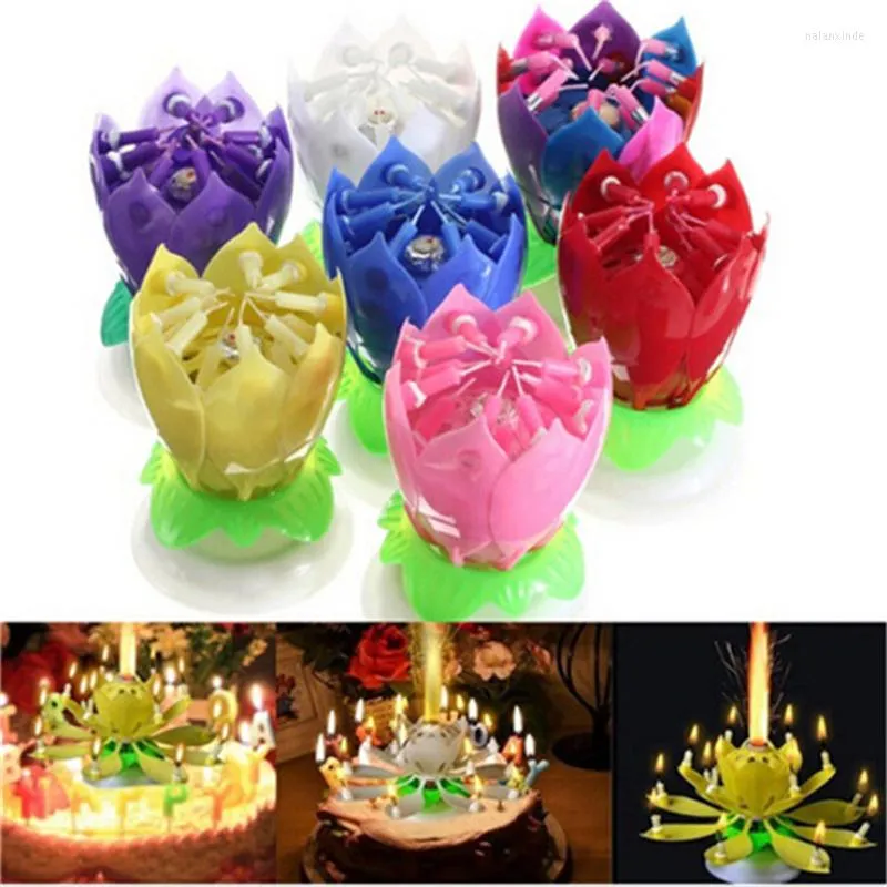 Forniture festive Fiore Musica Canto Doppio strato rotante Base disco di loto Torta Candela Buon compleanno Decorazione fai da te Regali per feste di nozze