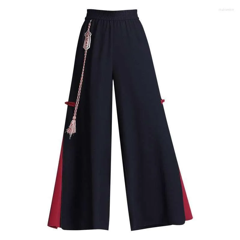 Abbigliamento etnico Harajuku Vintage Chiffon Pantaloni casual stile cinese Pantaloni larghi neri da donna 2022 Pantalones estivi Chino De Mujer