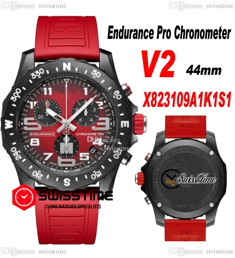 Endurance Pro 44 Miyota Quartz Chronographe Montre Homme V2 X823109A1K1S1 Acier PVD Tout Noir Grands Chiffres Marqueurs Bracelet Caoutchouc Rouge Montres Chronomètre Swisstime H8