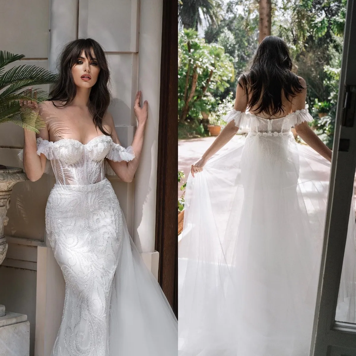 Elegant sjöjungfru 2023 Bröllopsklänning med avtagbart tåg från axelblommig applikation Brudklänningar Beading Garden Robes de Mariee