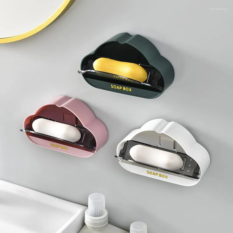 Soap Dishes Holder Free Punch Cloud Hook Strong Viscose Bathroom Wall Hanging Sticky Shelf Drain Rack Box With Lid