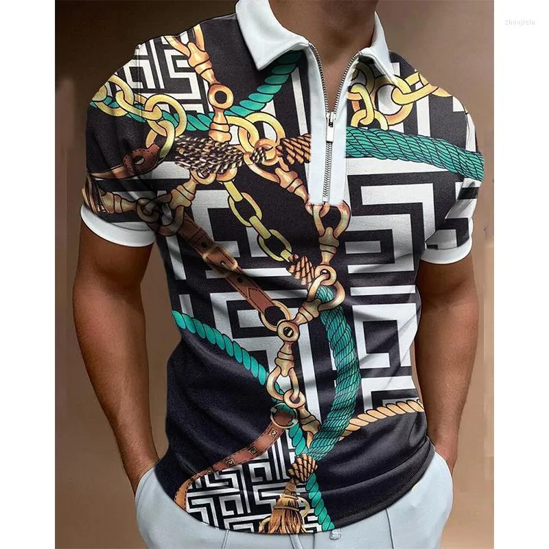 Men's Polos Summer Men's Clothes Shirts Casual Turn-Down Collar Zipper Patchwork Gold Rope Print Short Sleeve Tee Shirt Men Tops