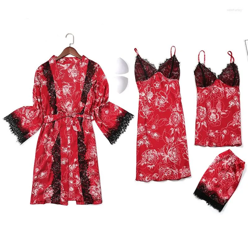 Vêtements de nuit pour femmes arrivée dames Sexy soie Satin Robe ensemble Floral 4 pièces dentelle maison vêtements pour femmes