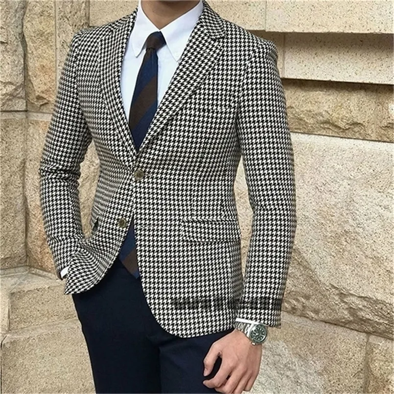 Abiti da uomo Blazer Pied de poule scozzese Blazer casual per uomo Giacca da completo con 2 spacchi laterali Slim Fit Cappotto maschile Abiti di moda Arrivo 220912