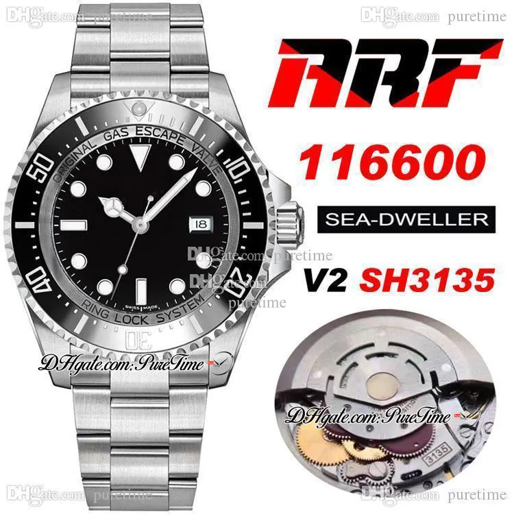 ARF V2 Sea Deep SH3135 Automatisk herrklocka Ceramic Bezel Black Dial 904L Steel Case and OysterSteel Armband Super Edition Samma Series Card Puretime A1