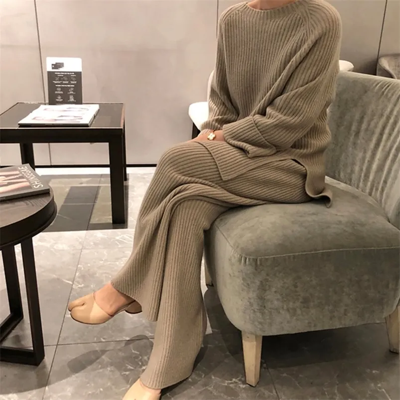 Women's Two Piece Pants HMA Fashion Winter Women's Thicken Warm Knitted Pullover Sweater Two-Piece Suits High Waist Loose Wide Leg Pants Set 220913