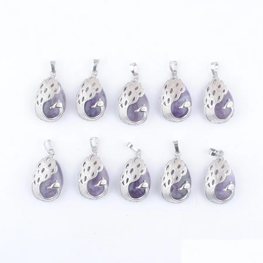 Pendant Necklaces Natural Stone Amethyst Pendants Water Drop Beads Pendum Peacock Pattern Animal Shape Reiki Men Women J Dhseller2010 Dhjwx