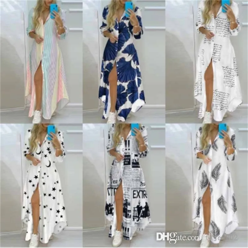 Fall Women Maxi Dresses Blouses Button Down Shirt Dress Fashion Classic Printed Lapel Neck Party Dress Long Sleeve Cape