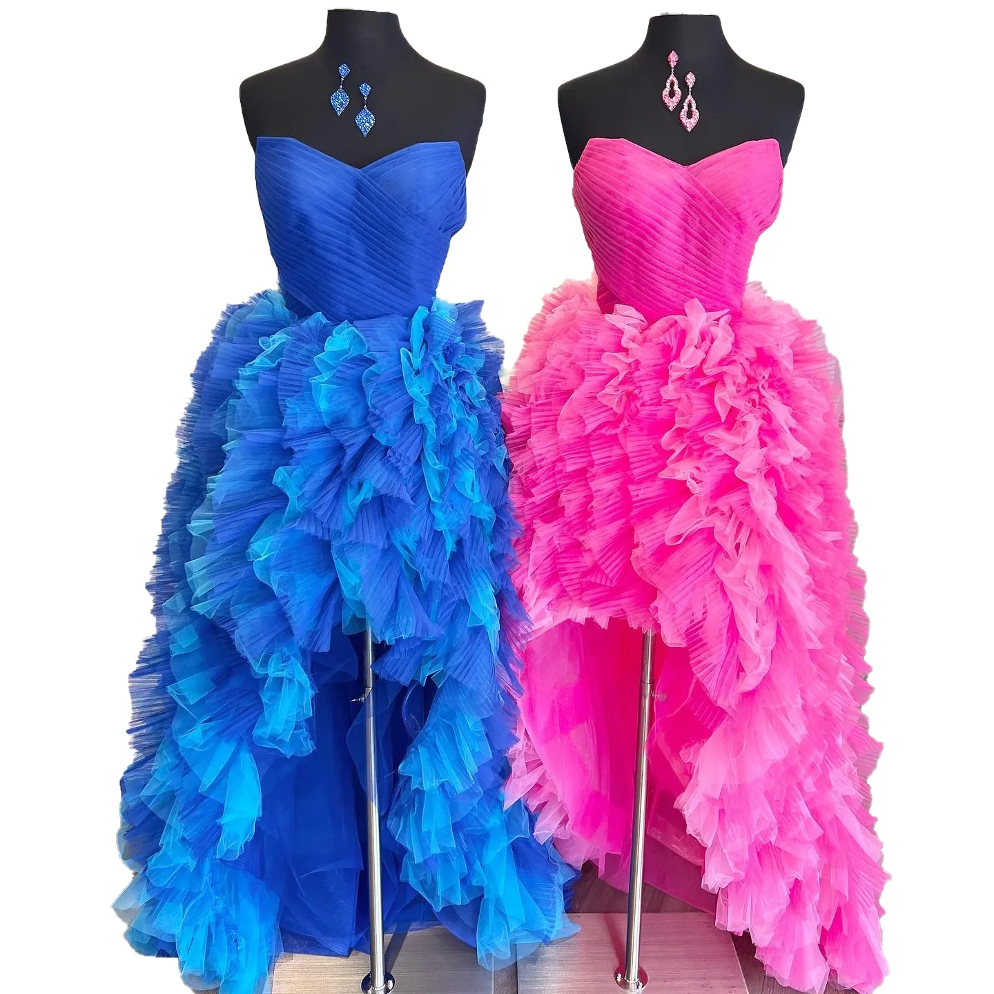 Abito Hi Lo Hoco 2023 Colori contrastanti Strati arruffati Gonna Lady Evento formale Cocktail Party Abito Ritorno a casa Corte Breve Prom Spettacolo Gala 2k23 Corallo Rosa Blu