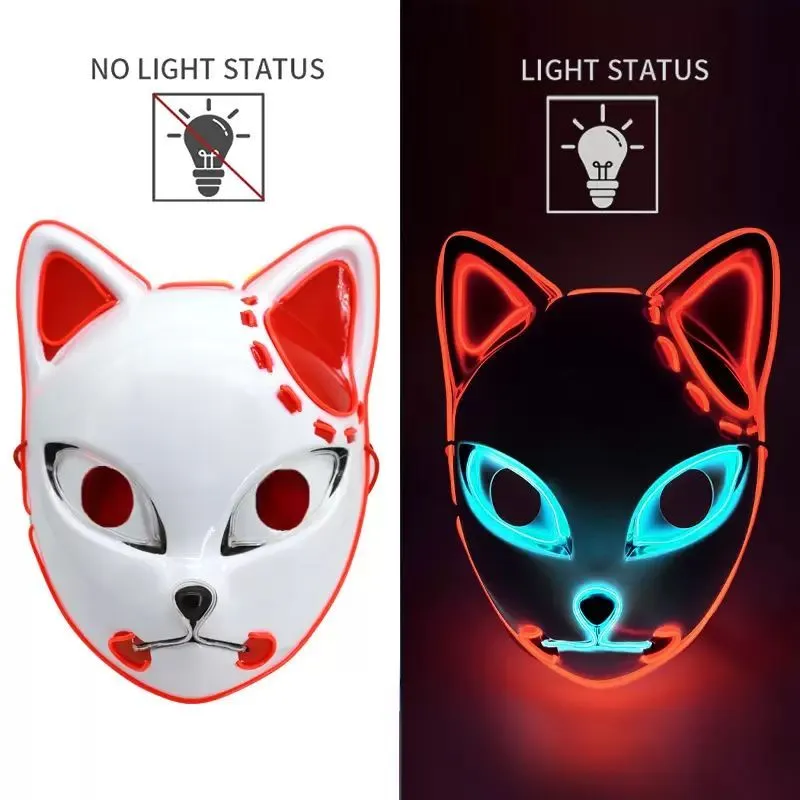 2022 LED Glowing Cat Face Mask Cool Cosplay Neon Demon Slayer Fox Masks For Birthday Gift Carnival Party Masquerade Halloween