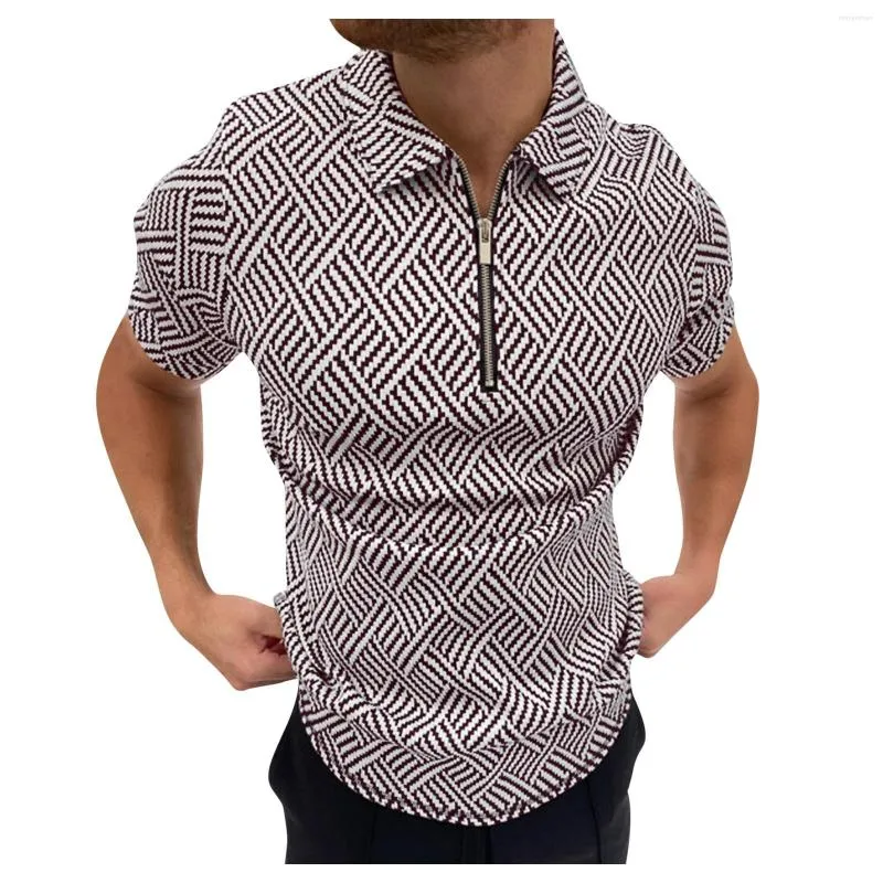 Men's Polos Fashion Herringbone Print Men Short Sleeve Shirts Casual Turn-down Collar Zipper Tops 2022 Summer Harajuku Men's