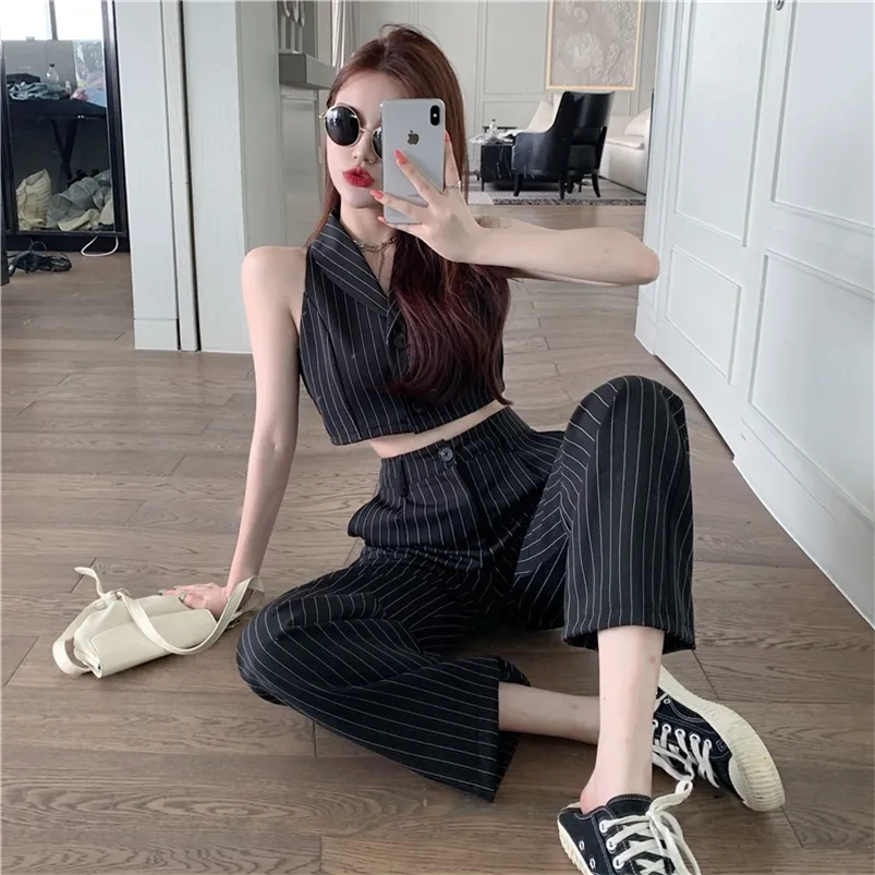 Women's Two Piece Pants Loose Striped Tailored Trousers Wide Leg Pant Suits Lapel Sleeveless Black Blazer Vest Thin Jacket Office Lady Sexy Casual Sets 220913