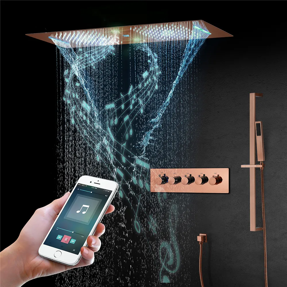 Rose Gold Smart Showerhead Set With Rainfall And Waterfall Functions
