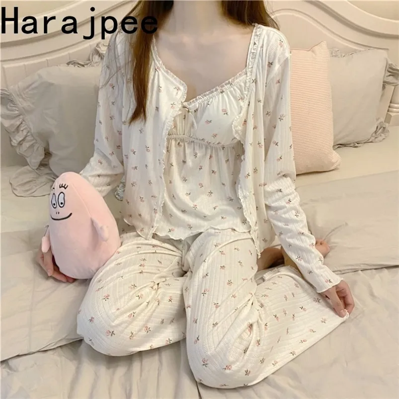 Vêtements de nuit pour femmes Harajpee Pyjama Ensemble trois pièces Imprimé Camisole Cardigan avec coussin de poitrine Pantalon Homewear Femme Printemps Été Mori Girl Style 220913