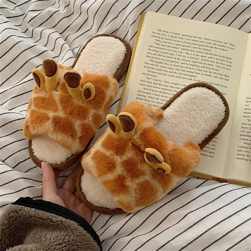 Pantoufles Mignon Animal Pantoufle Pour Femmes Filles Mode Kawaii Fluffy Hiver Chaud Pantoufles Femme Bande Dessinée Girafe Maison Pantoufles Drôle Chaussures 220913