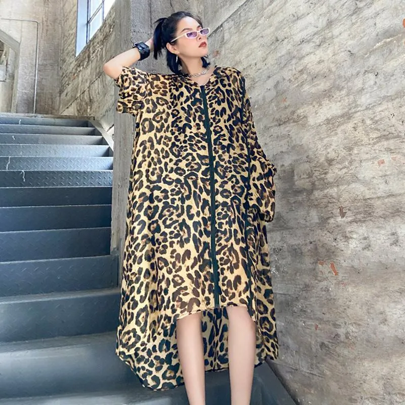 Women's Trench Coats Women's Johnature 2022 Autumn Leopard Print Chiffon Long Irregular Sunscreen Women Fashion Loose Zippers Female