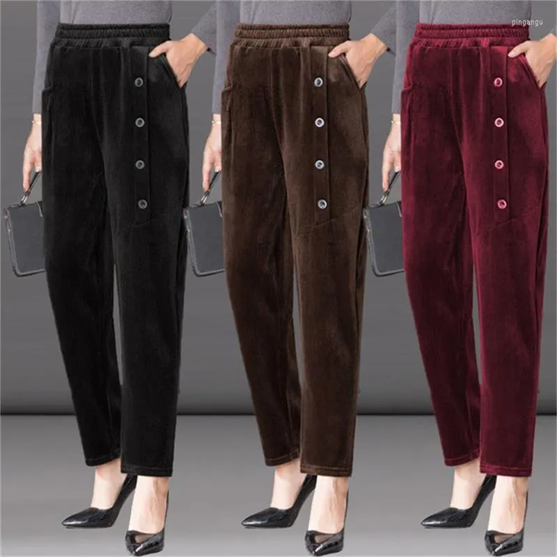 Damesbroek dames capris casual vaste kleur corduroy harem vrouwen los bruine knop patchwork broek elastische hoge taille moeder