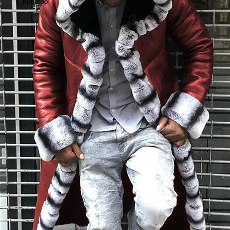 Men's Leather Faux Coat Fleece Fur Patchwork Long Hooded Jacket Imitation Trench Coats Winter Overcoat Male 220913