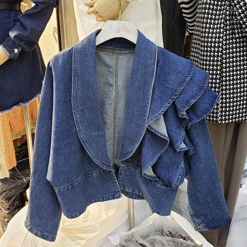 Damesjacks dames mode denim vrouwen jassen herfst 2022 v-neck solide ruches lange mouwen slanke elegante kantoor dame uit het kader van de toppen